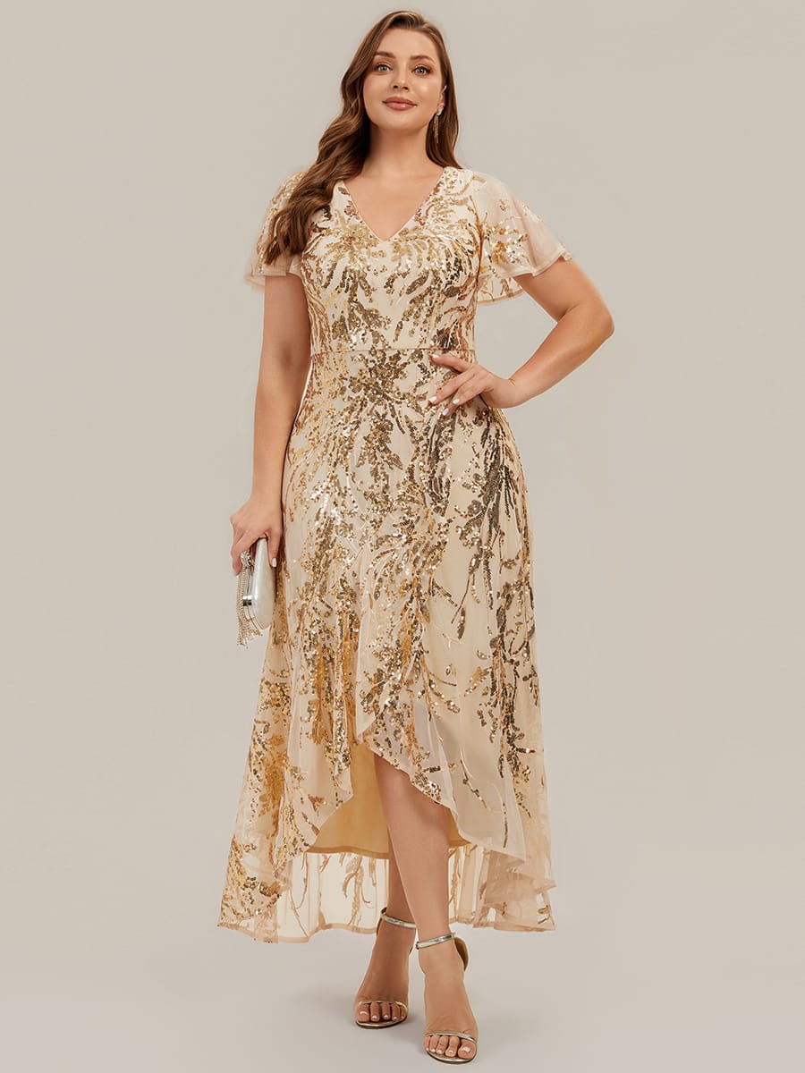 Ruffled Sequin Ruffle Sleeve Dress #color_Gold
