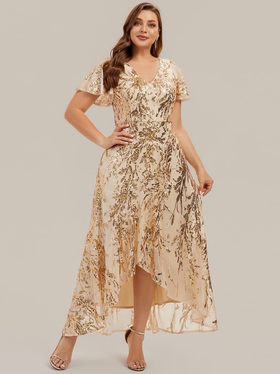 Ruffled Sequin Ruffle Sleeve Dress #color_Gold