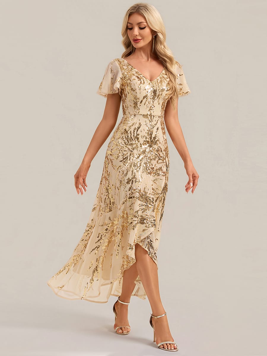Ruffled Sequin Ruffle Sleeve Dress #color_Gold