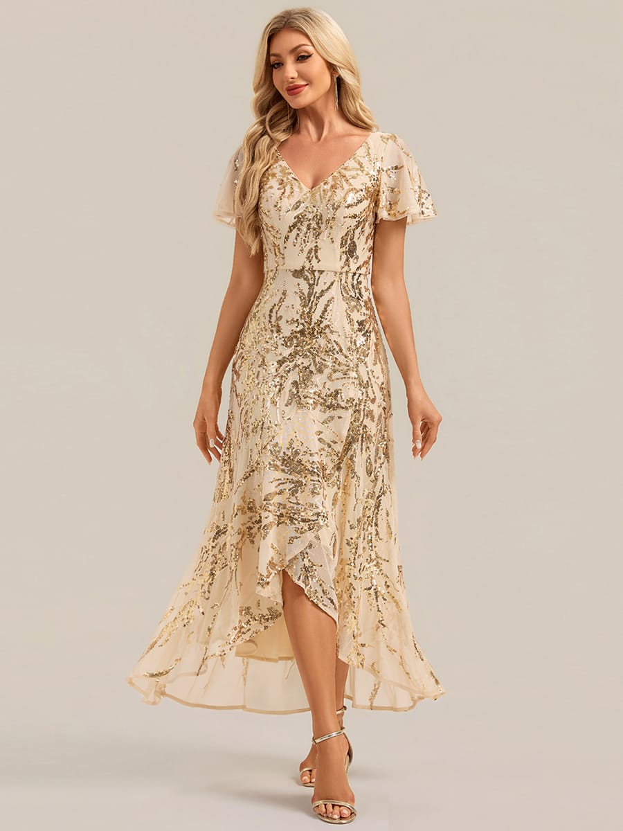 Ruffled Sequin Ruffle Sleeve Dress #color_Gold