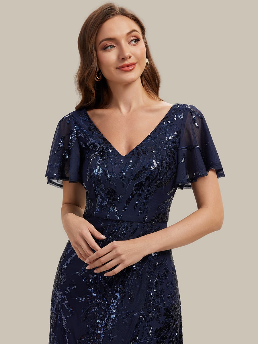 Ruffled Sequin Ruffle Sleeve Dress #color_Navy Blue