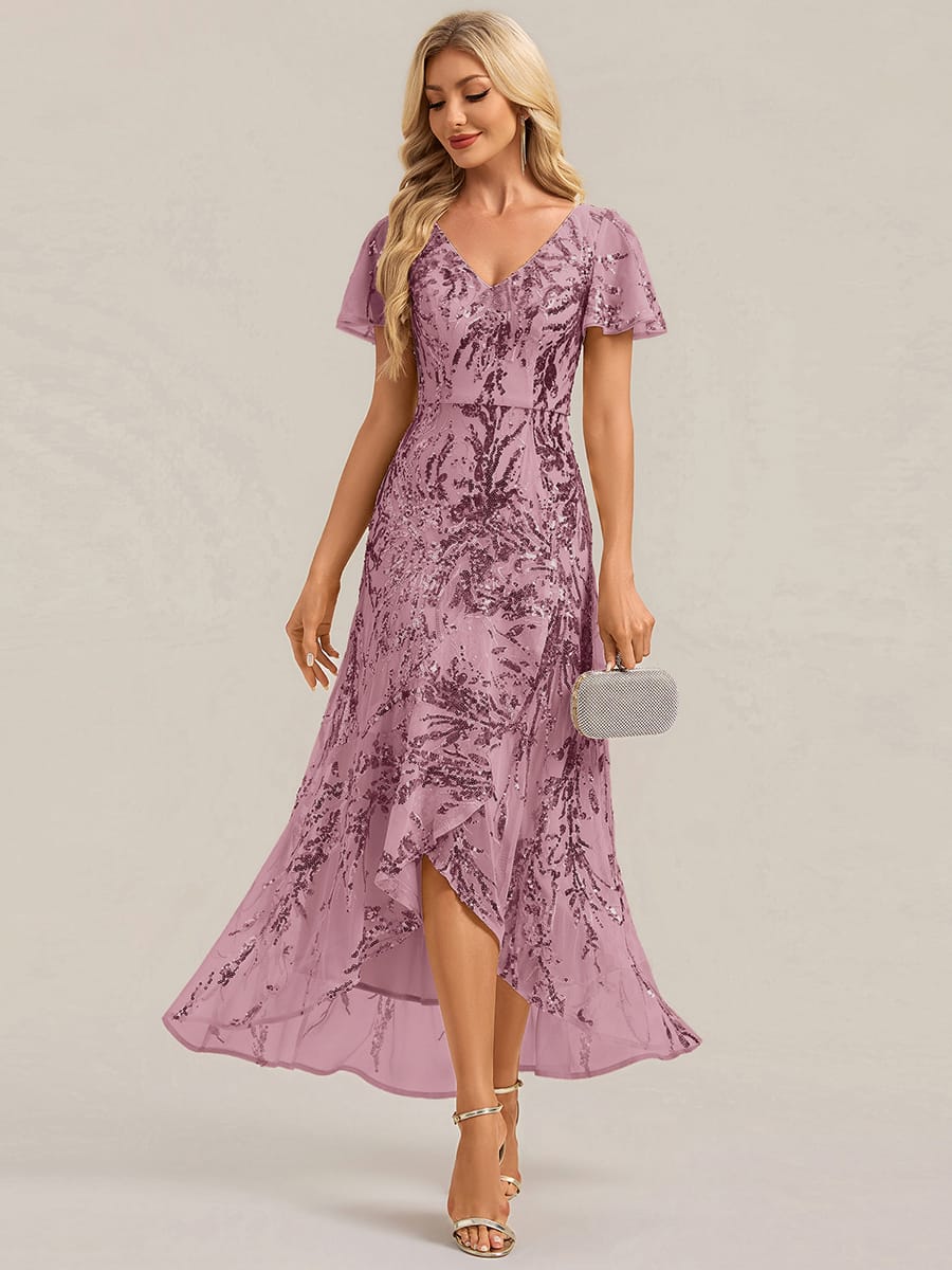 Ruffled Sequin Ruffle Sleeve Dress #color_Purple Orchid