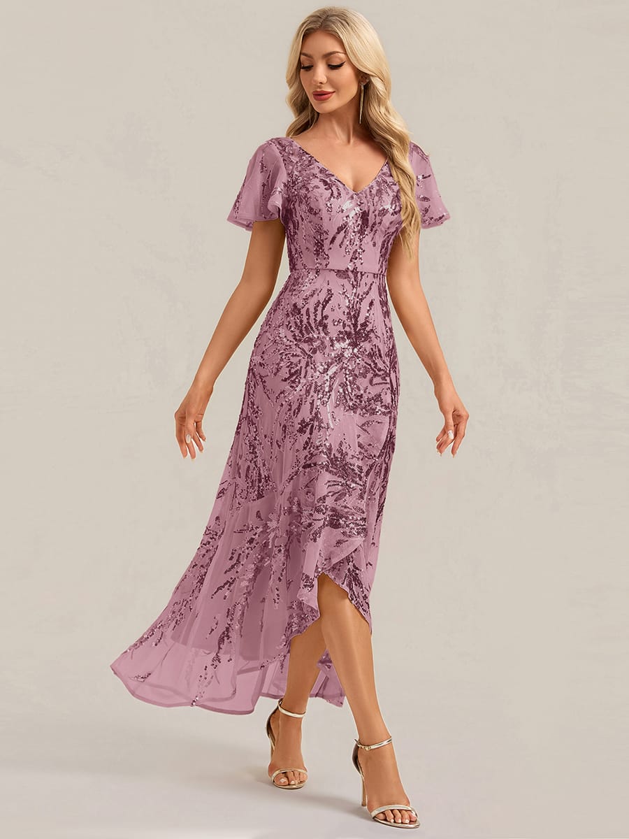 Ruffled Sequin Ruffle Sleeve Dress #color_Purple Orchid