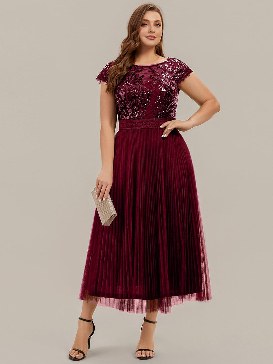See-through Sequin Cap Sleeve Dress #color_Burgundy
