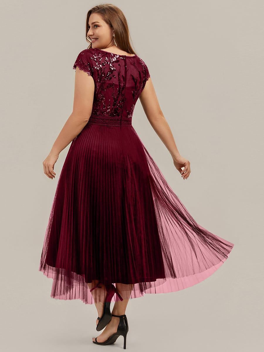 See-through Sequin Cap Sleeve Dress #color_Burgundy