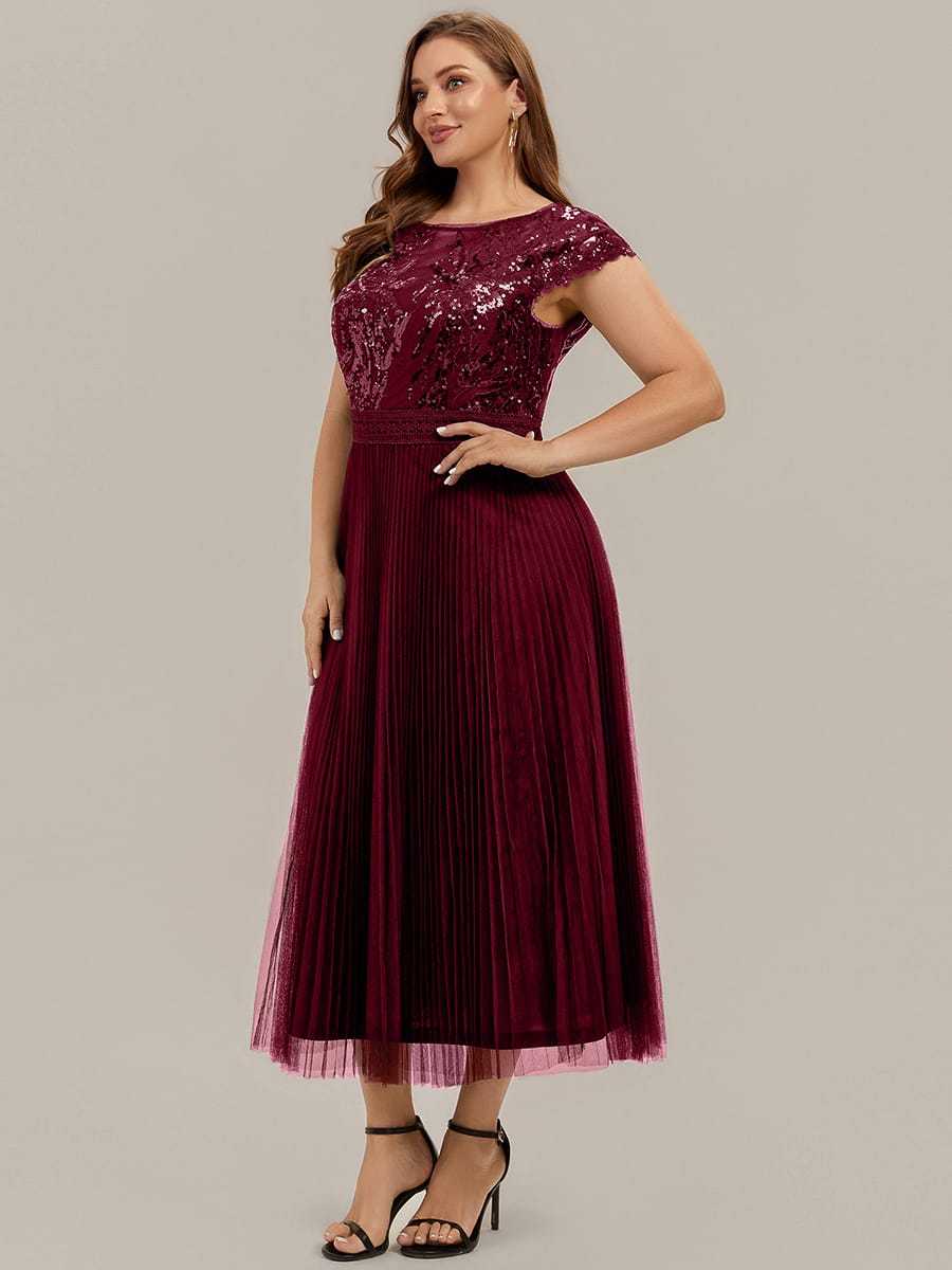 See-through Sequin Cap Sleeve Dress #color_Burgundy