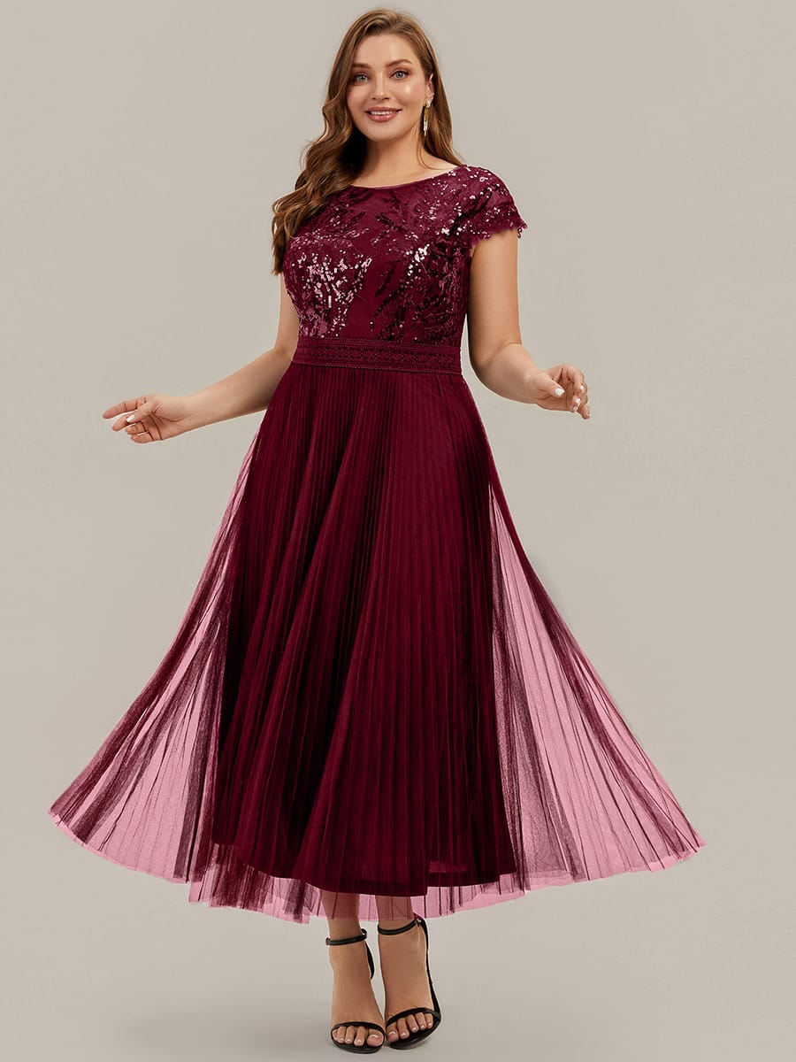 See-through Sequin Cap Sleeve Dress #color_Burgundy