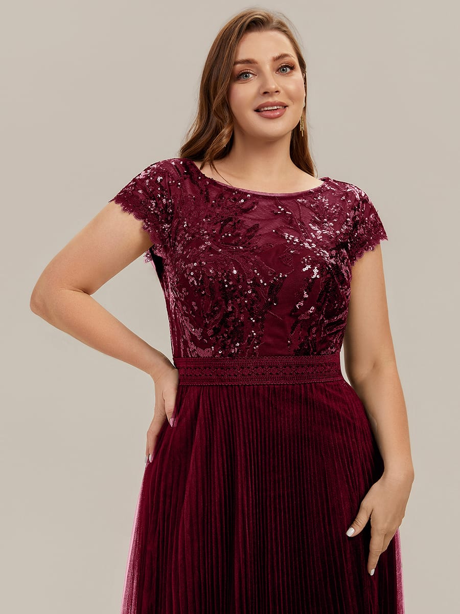 See-through Sequin Cap Sleeve Dress #color_Burgundy