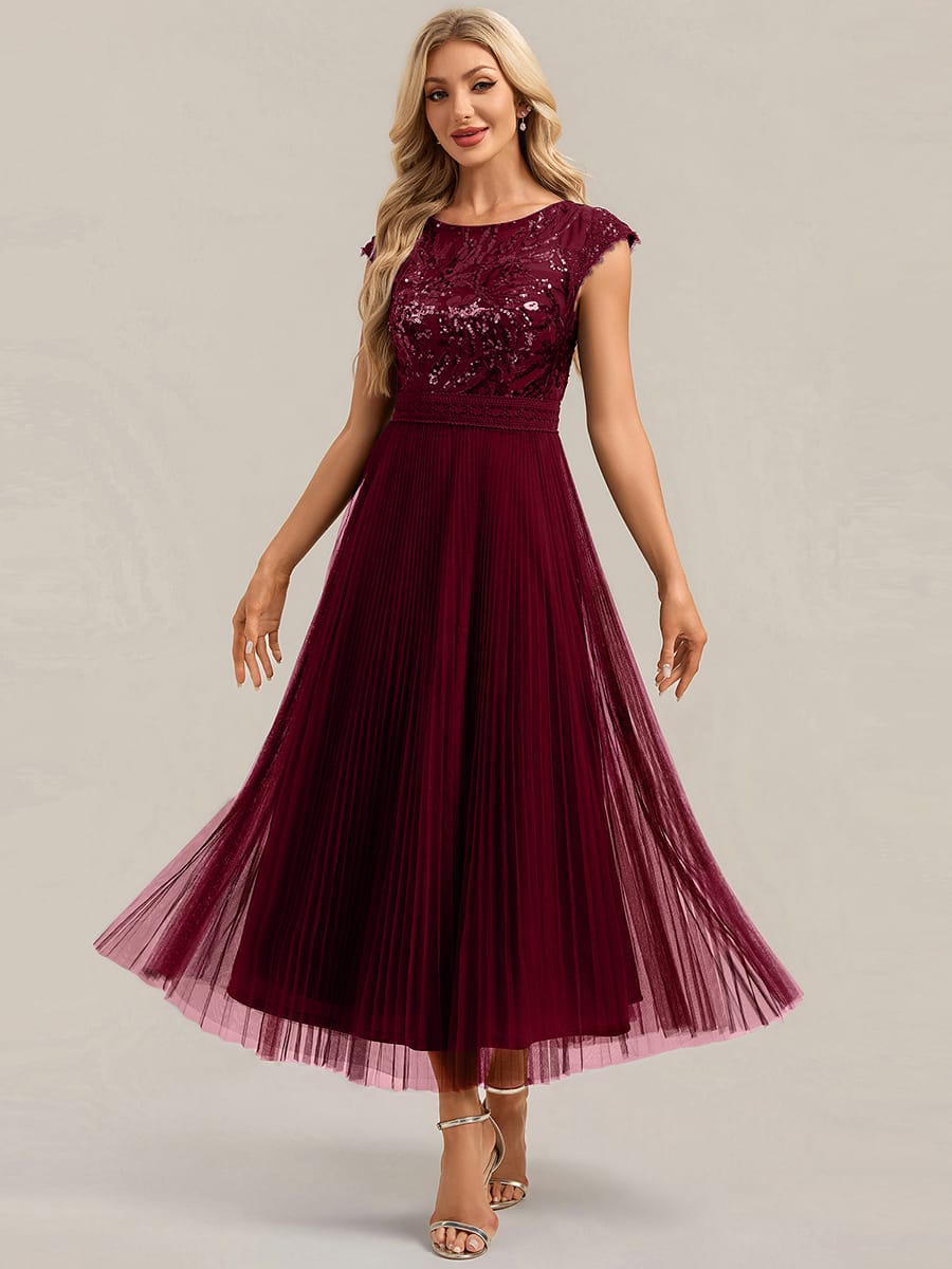 See-through Sequin Cap Sleeve Dress #color_Burgundy