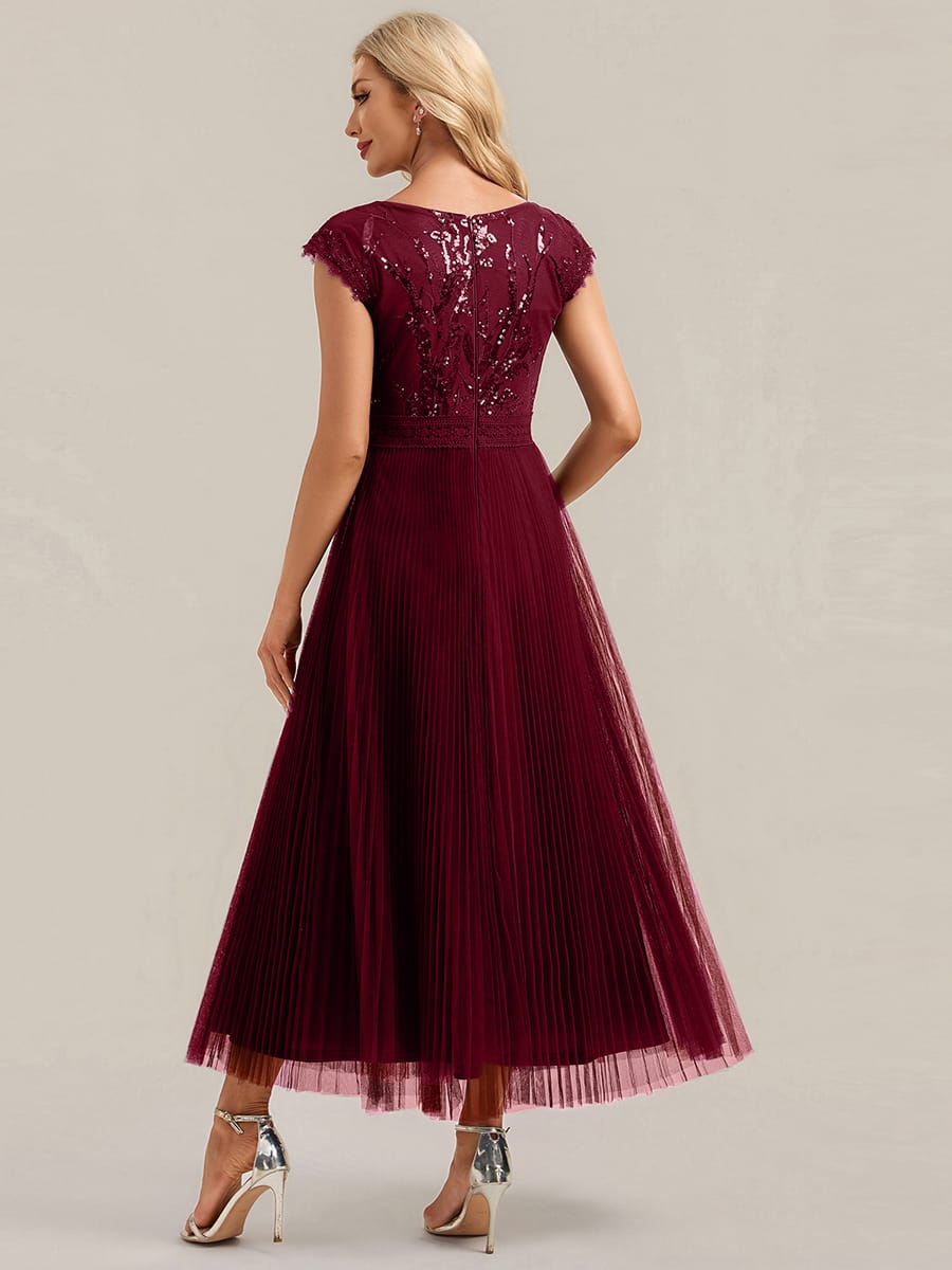 See-through Sequin Cap Sleeve Dress #color_Burgundy