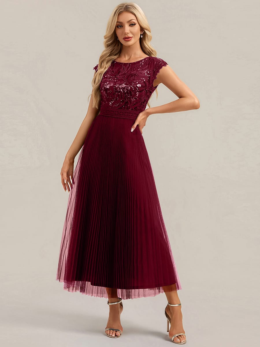 See-through Sequin Cap Sleeve Dress #color_Burgundy