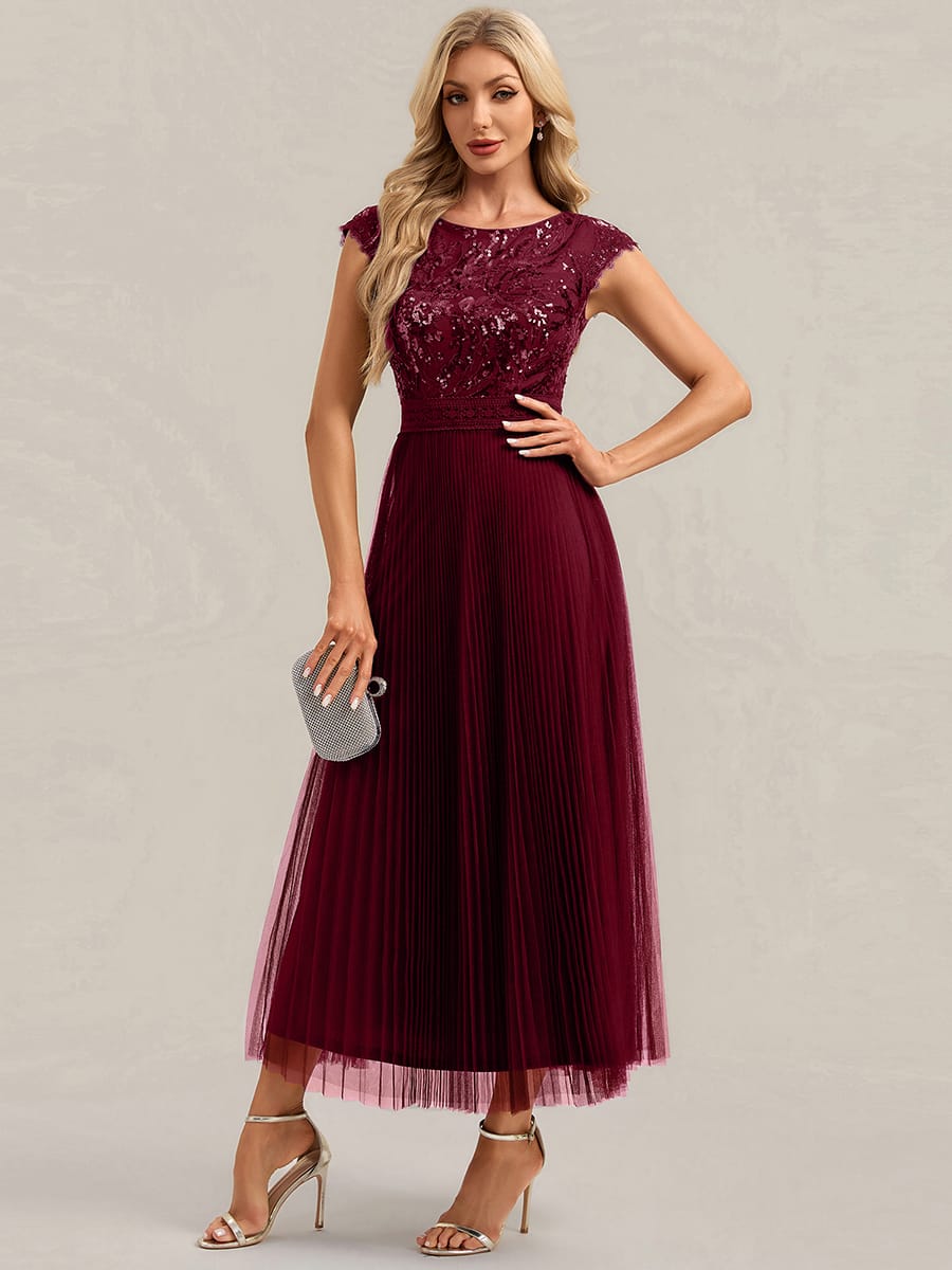 See-through Sequin Cap Sleeve Dress #color_Burgundy