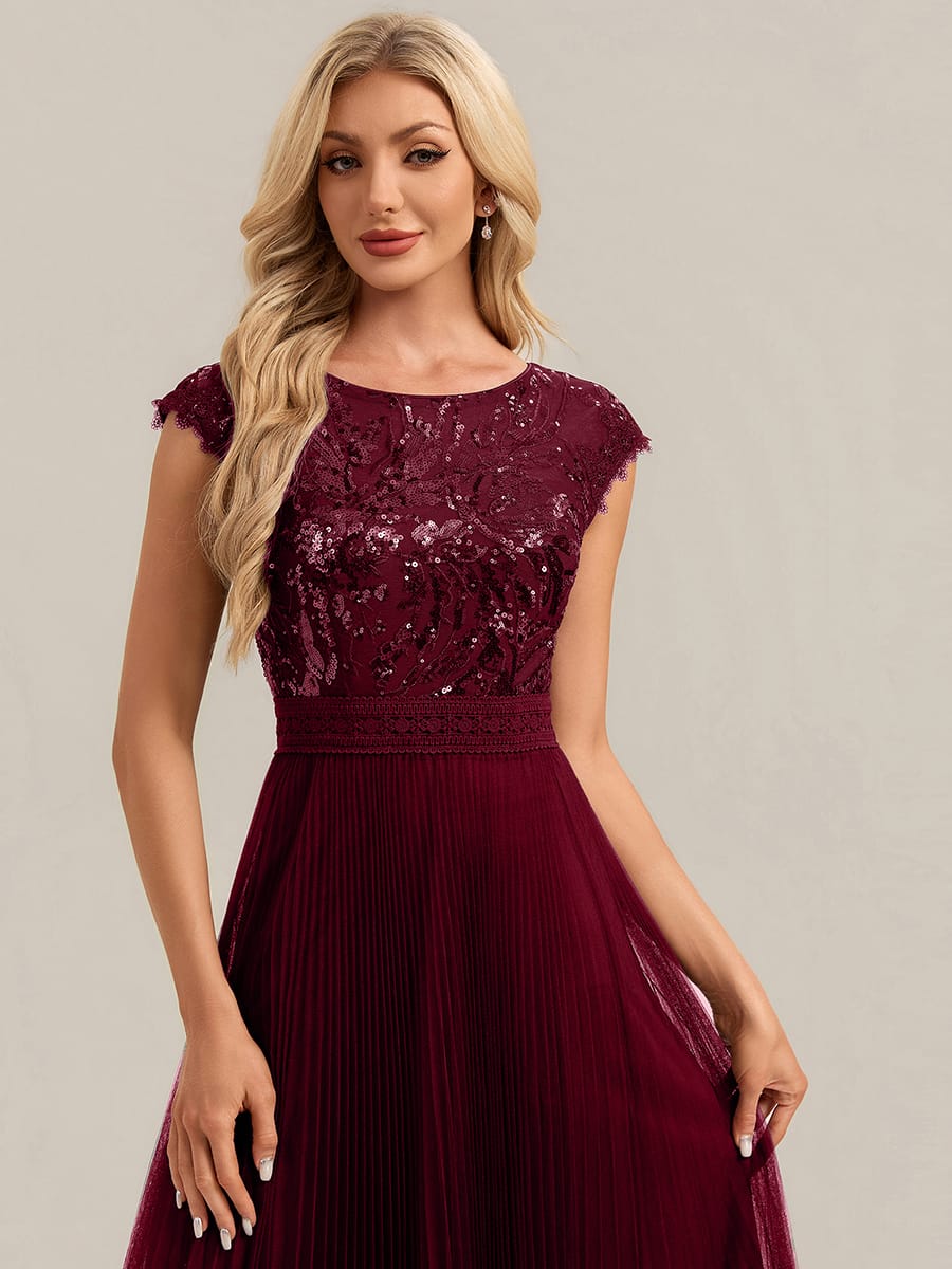 See-through Sequin Cap Sleeve Dress #color_Burgundy