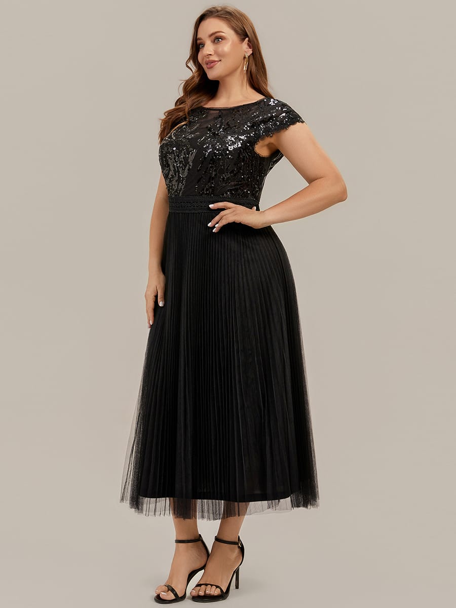 See-through Sequin Cap Sleeve Dress #color_Black