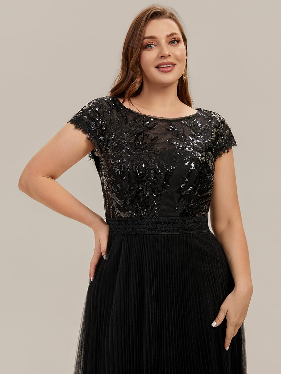 See-through Sequin Cap Sleeve Dress #color_Black