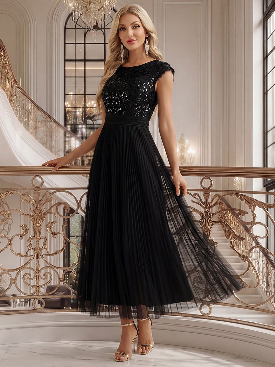 See-through Sequin Cap Sleeve Dress #color_Black