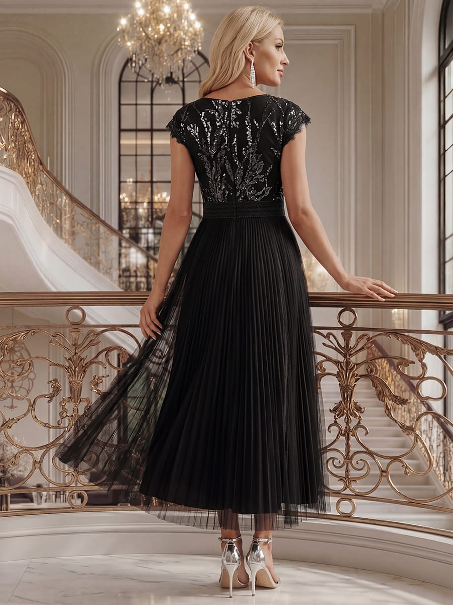 See-through Sequin Cap Sleeve Dress #color_Black
