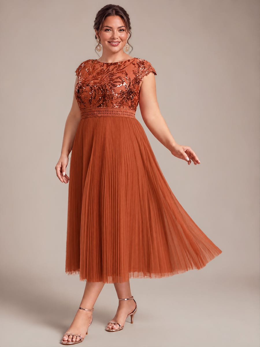See-through Sequin Cap Sleeve Dress #color_Burnt Orange