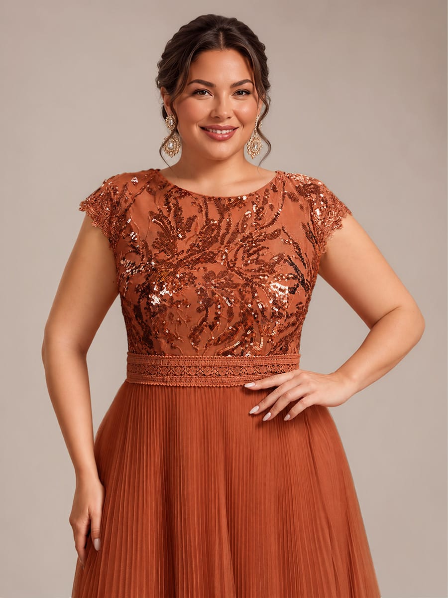 See-through Sequin Cap Sleeve Dress #color_Burnt Orange