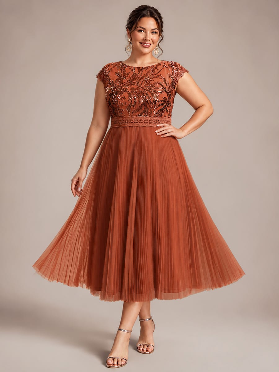 See-through Sequin Cap Sleeve Dress #color_Burnt Orange
