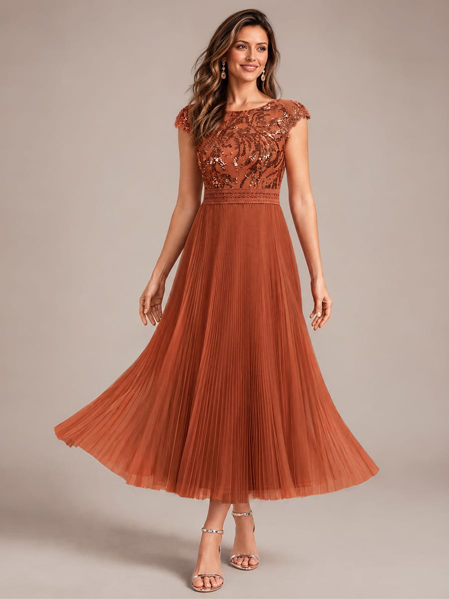 See-through Sequin Cap Sleeve Dress #color_Burnt Orange
