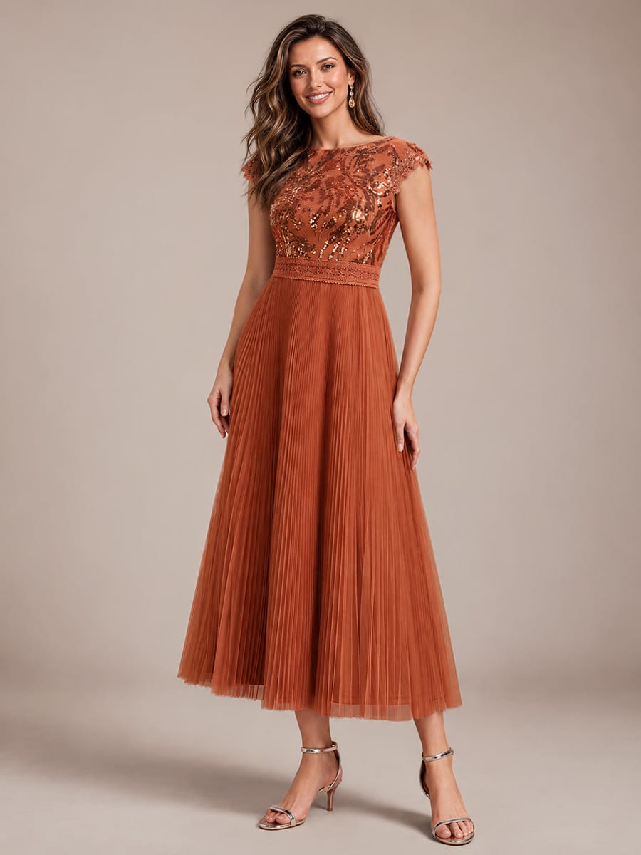 See-through Sequin Cap Sleeve Dress #color_Burnt Orange