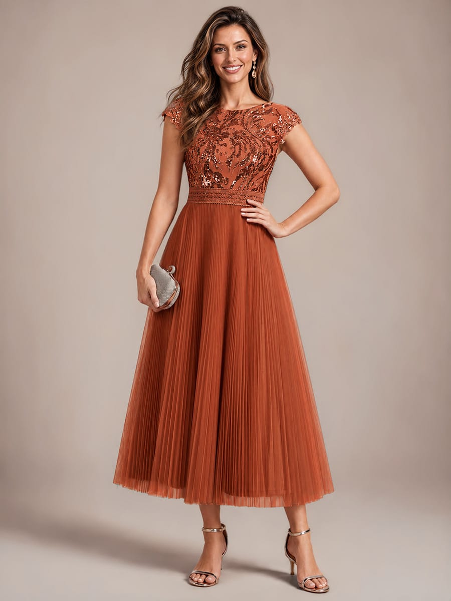 See-through Sequin Cap Sleeve Dress #color_Burnt Orange