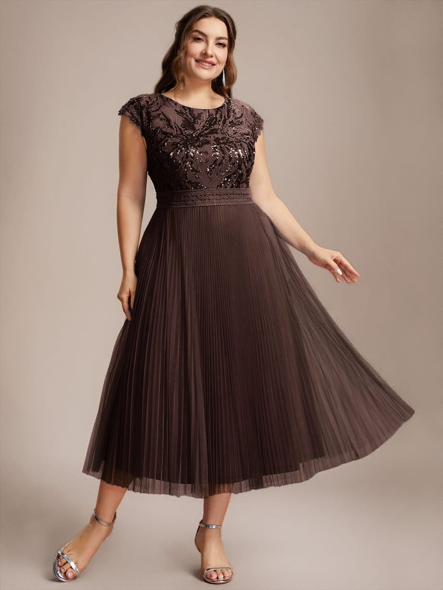 See-through Sequin Cap Sleeve Dress #color_Chocolate brown