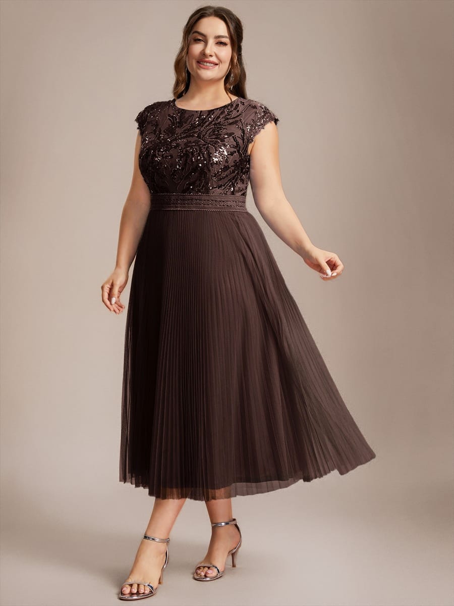 See-through Sequin Cap Sleeve Dress #color_Chocolate brown