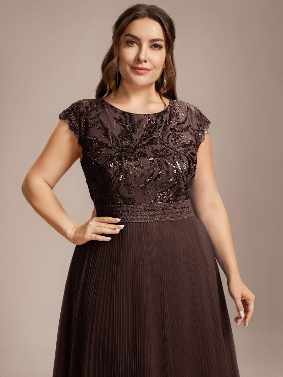 See-through Sequin Cap Sleeve Dress #color_Chocolate brown
