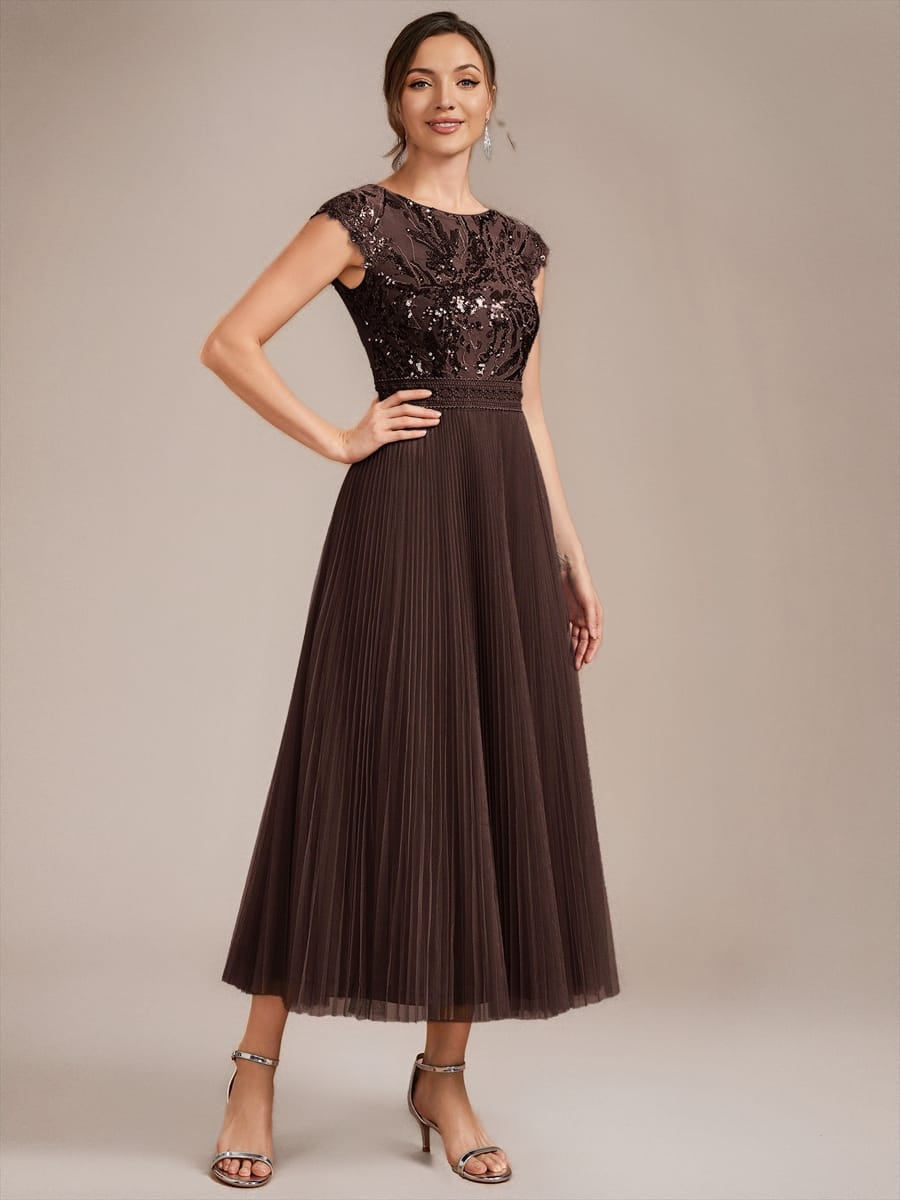 See-through Sequin Cap Sleeve Dress #color_Chocolate brown