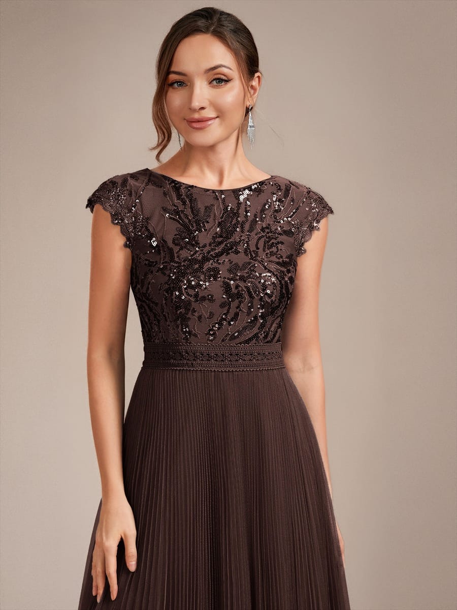 See-through Sequin Cap Sleeve Dress #color_Chocolate brown