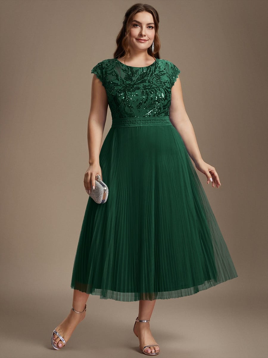 See-through Sequin Cap Sleeve Dress #color_Dark Green