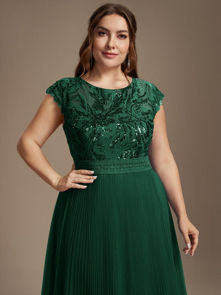 See-through Sequin Cap Sleeve Dress #color_Dark Green