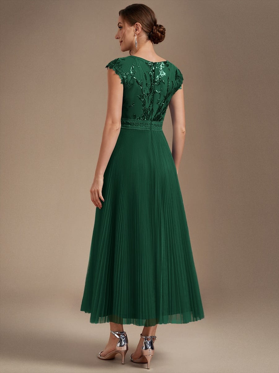 See-through Sequin Cap Sleeve Dress #color_Dark Green