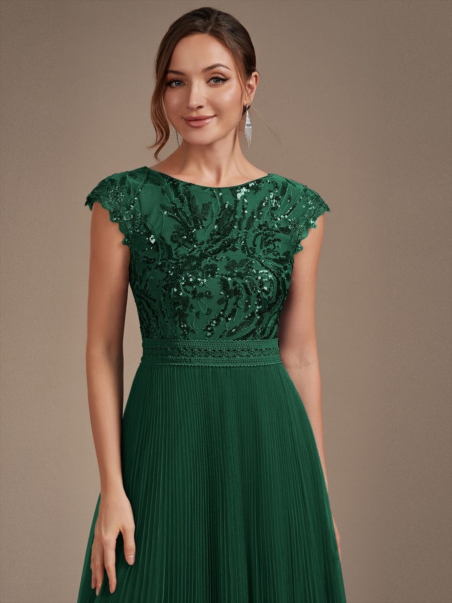 See-through Sequin Cap Sleeve Dress #color_Dark Green