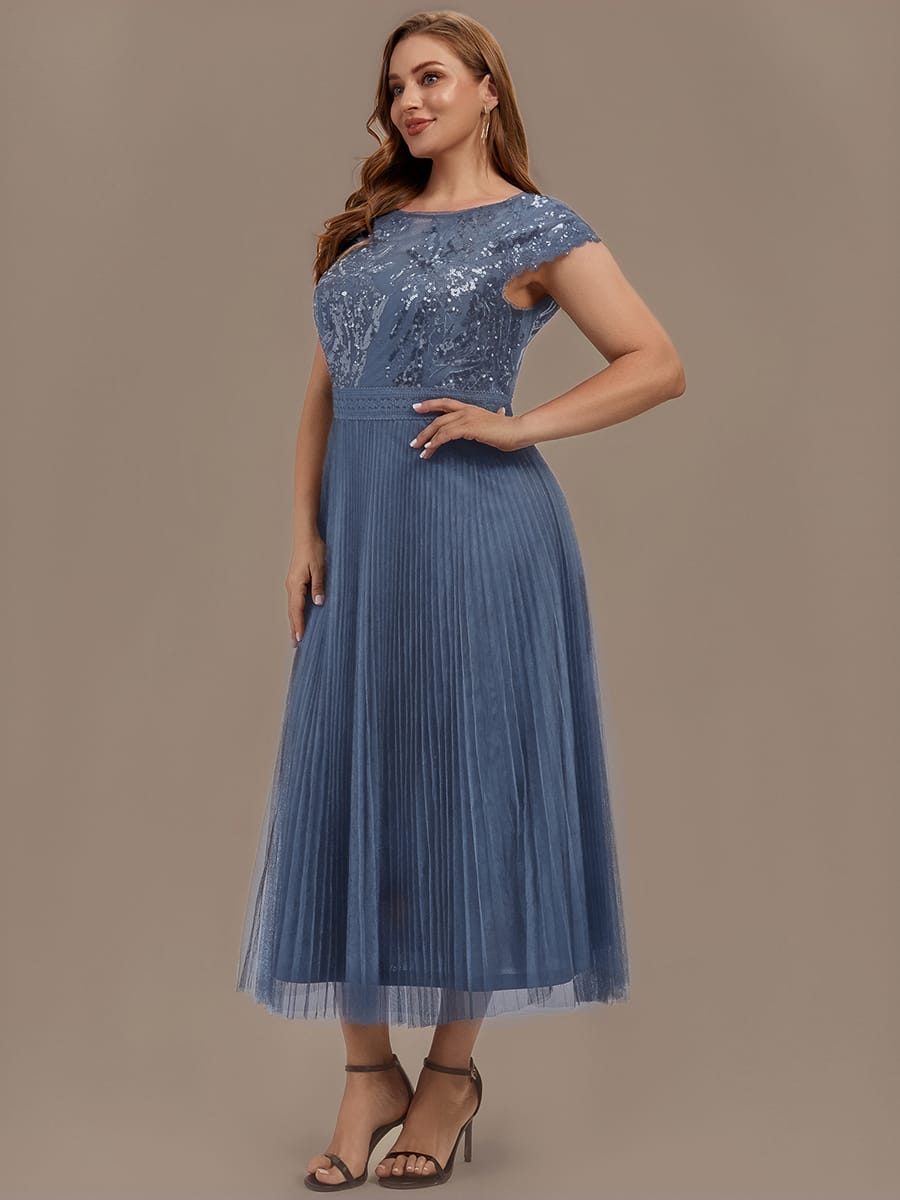 See-through Sequin Cap Sleeve Dress #color_Dusty Blue