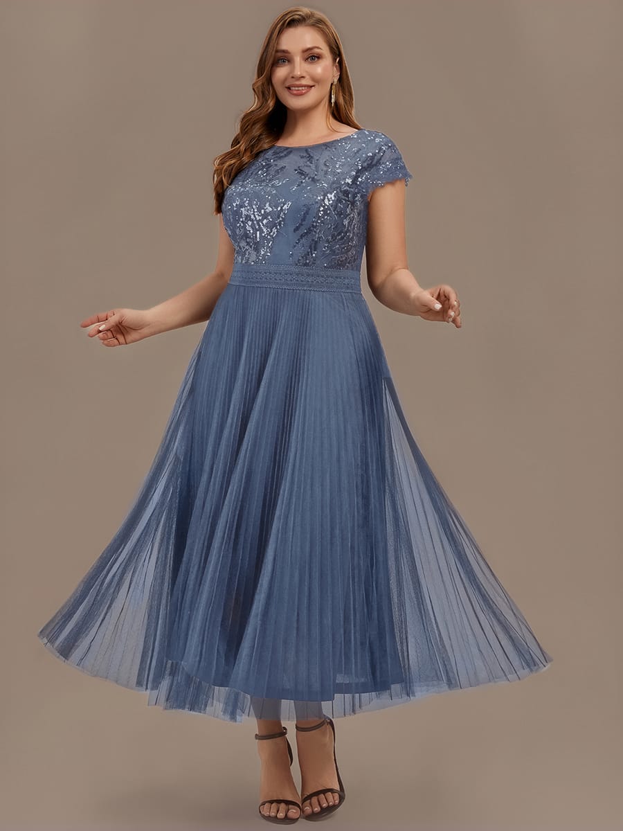 See-through Sequin Cap Sleeve Dress #color_Dusty Blue