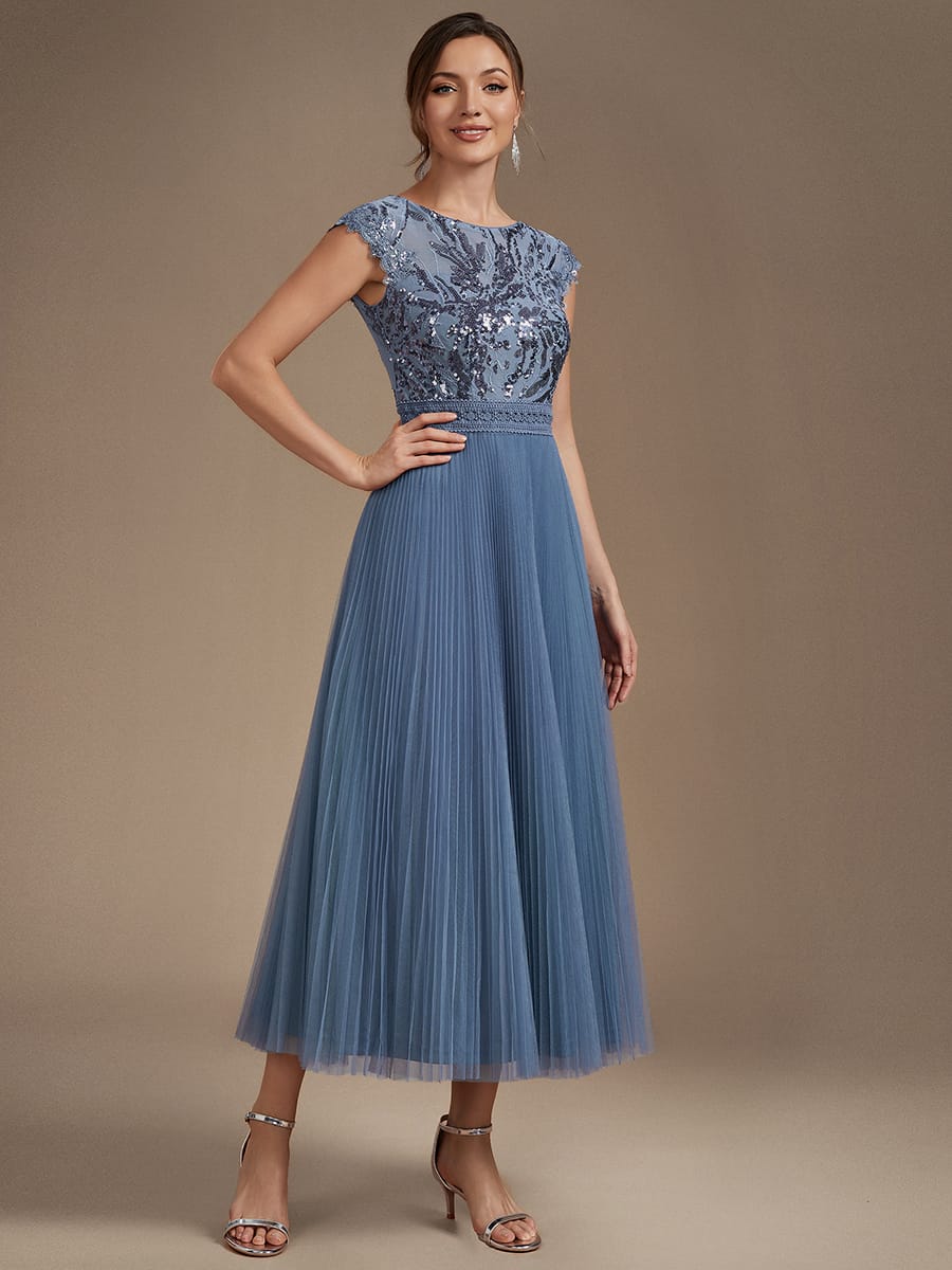 See-through Sequin Cap Sleeve Dress #color_Dusty Blue