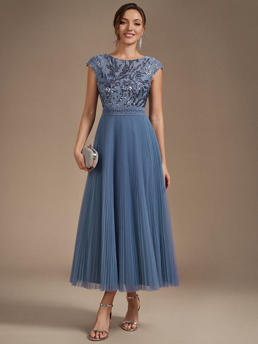 See-through Sequin Cap Sleeve Dress #color_Dusty Blue