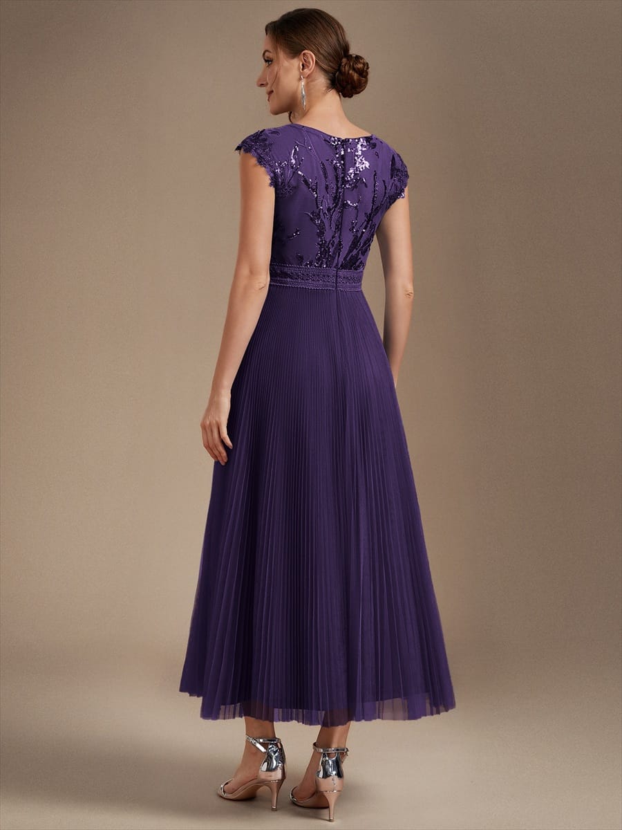 See-through Sequin Cap Sleeve Dress #color_Dark Purple