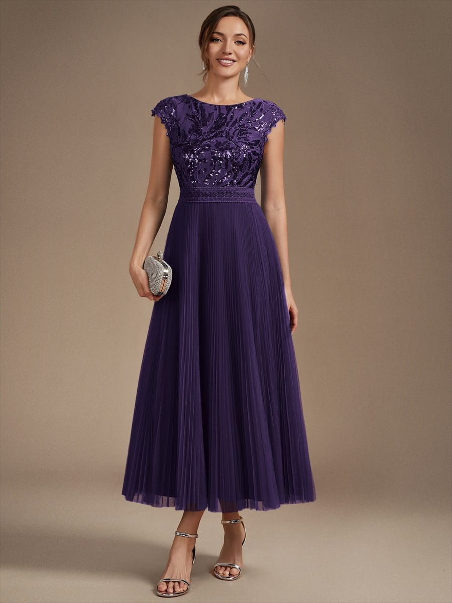 See-through Sequin Cap Sleeve Dress #color_Dark Purple