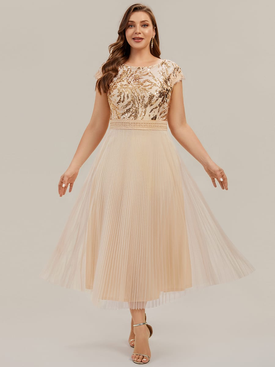 See-through Sequin Cap Sleeve Dress #color_Gold