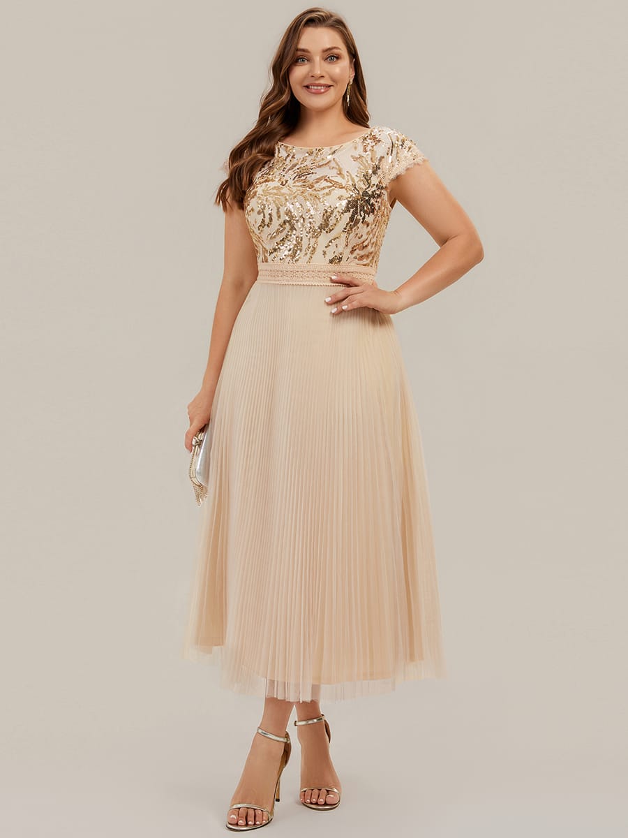 See-through Sequin Cap Sleeve Dress #color_Gold