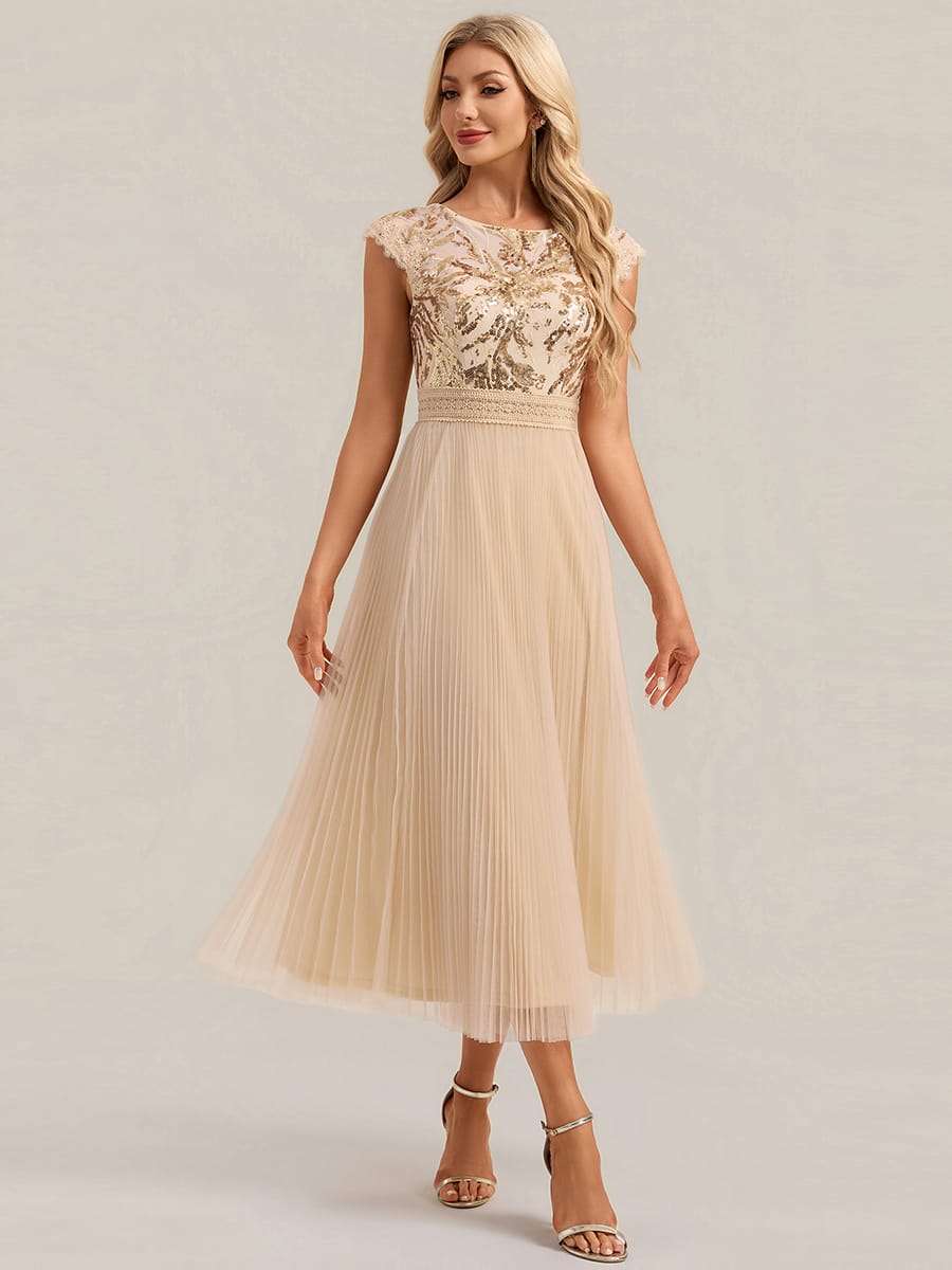 See-through Sequin Cap Sleeve Dress #color_Gold