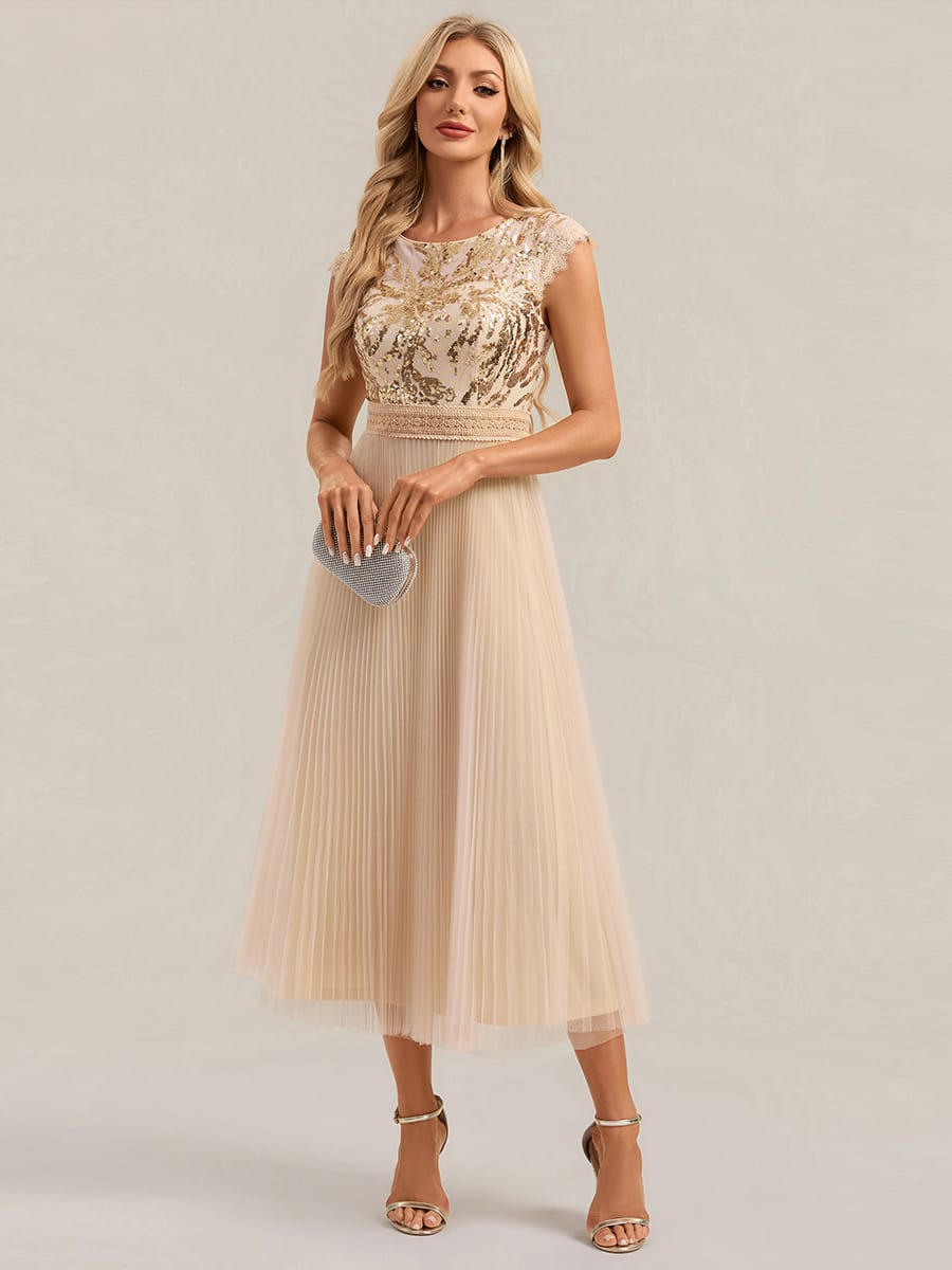 See-through Sequin Cap Sleeve Dress #color_Gold
