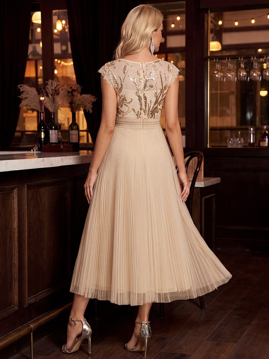 See-through Sequin Cap Sleeve Dress #color_Gold