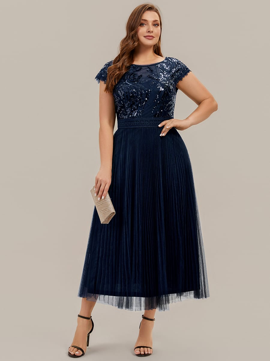 See-through Sequin Cap Sleeve Dress #color_Navy Blue