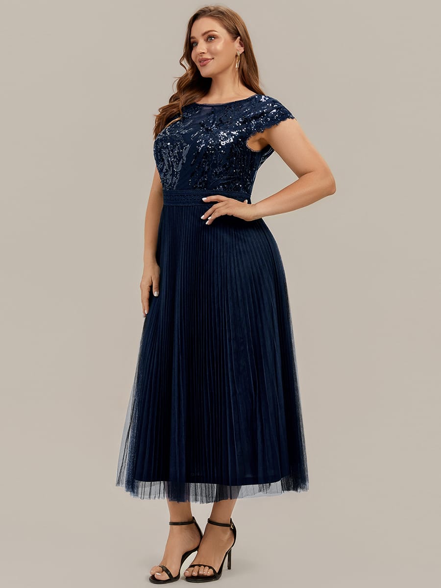 See-through Sequin Cap Sleeve Dress #color_Navy Blue