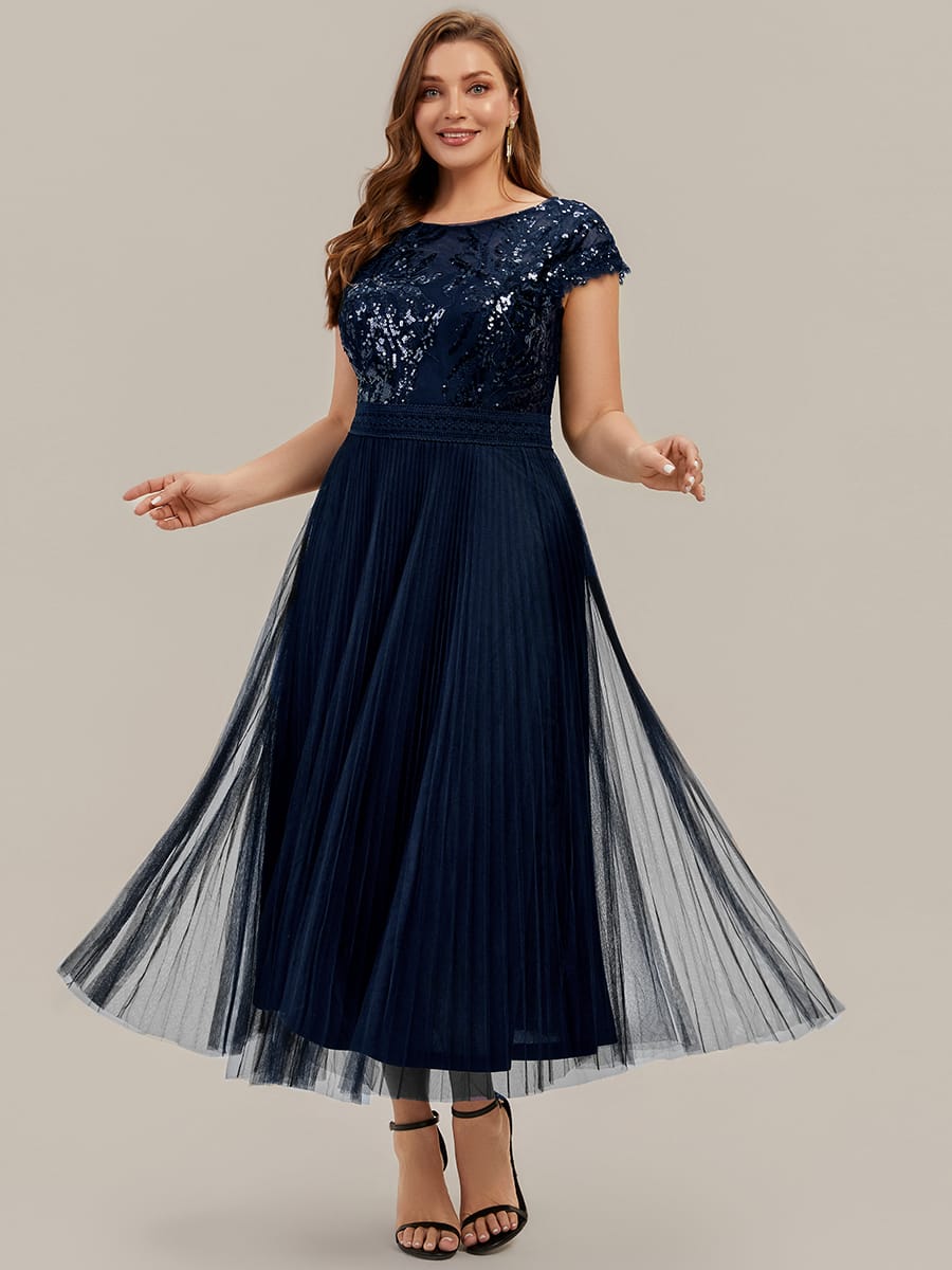 See-through Sequin Cap Sleeve Dress #color_Navy Blue